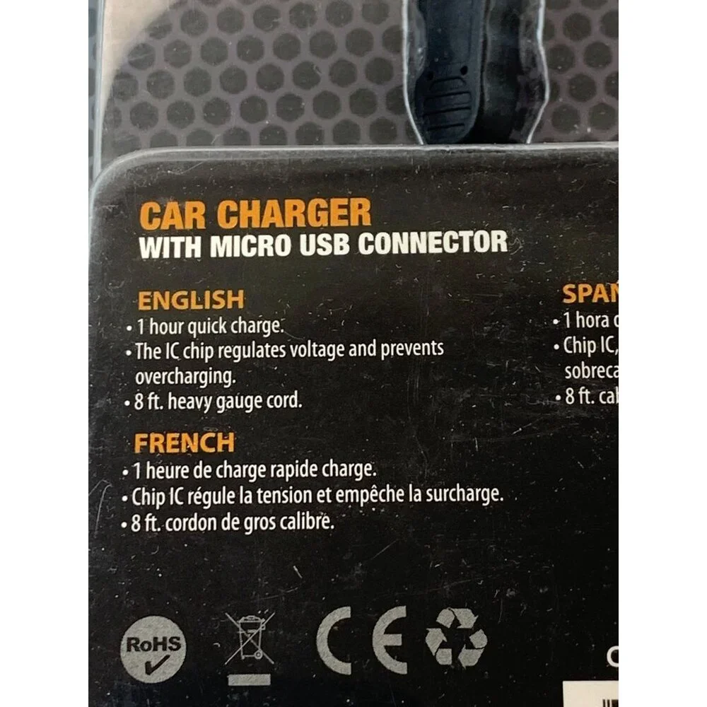 Tough Tested Micro USB Car Charger With Quick Charge and 8 ft Cord NEW